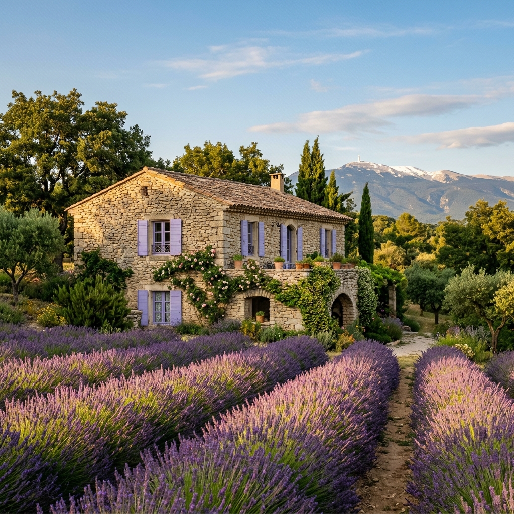 Provençal dry stone mas with meticulously restored lavender-painted wooden windows, lavender field foreground, Mont Ventoux snow-capped in background, golden afternoon light, cicada atmosphere, no text, no people, Provence lifestyle photography